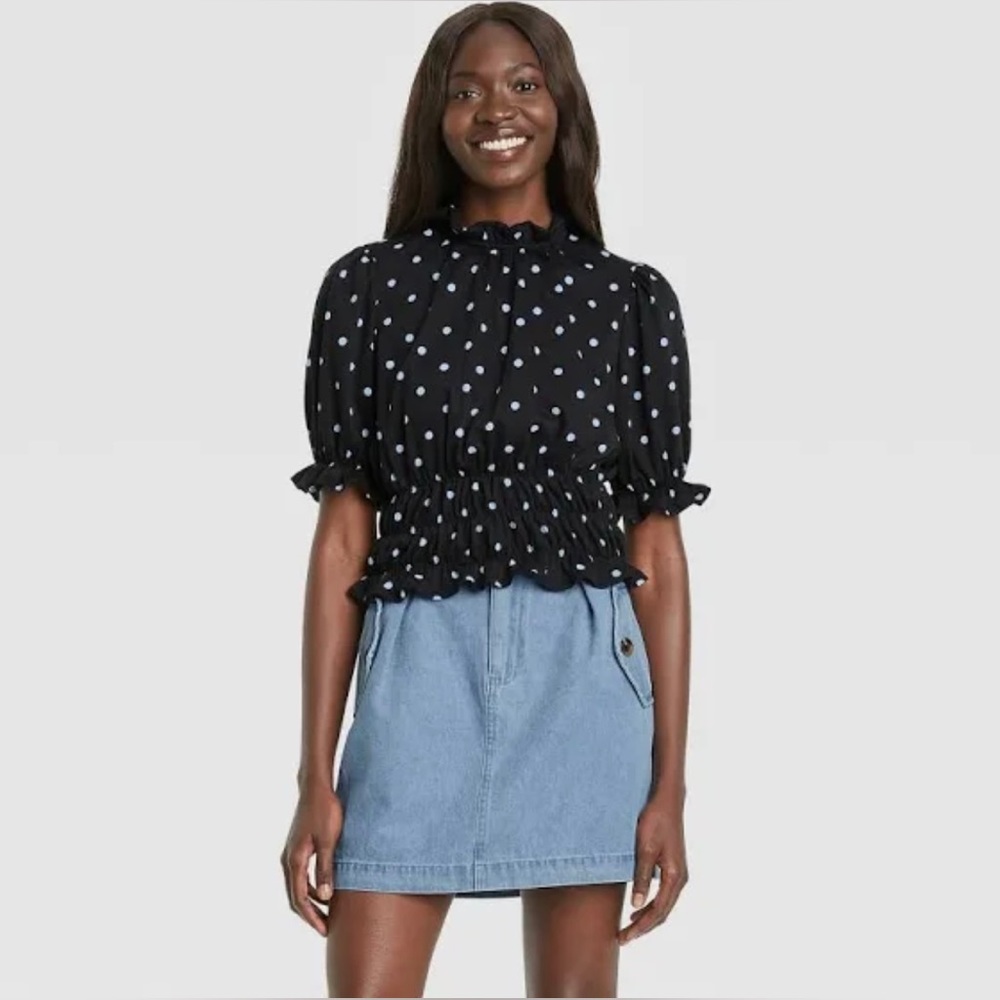 NWT Who What Wear high neck top with ruffle elbow sleeves